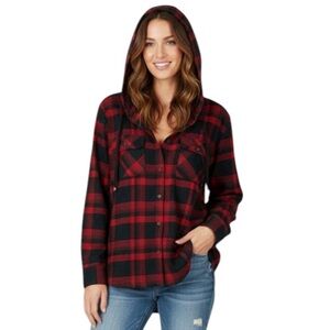 Boston Traders Plaid Long Sleeve Button Down Hooded Shirt Large Red Black NWT